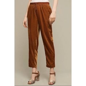 Anthropologie Elevenses Crushed Velvet Joggers in Ochre Contrast Piping Small
